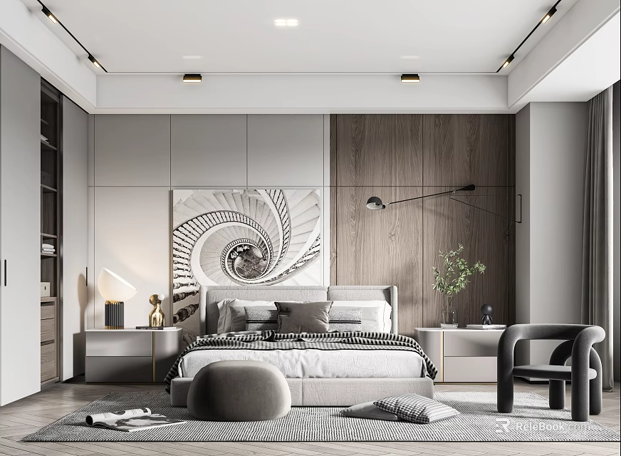 Modern Bedroom Interior With Wooden Accent Wall Abstract Art And Accent Chair 3d model 