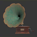 Vintage Phonograph with Teal Horn Gold Floral Patterns and Wooden Base Classic Design