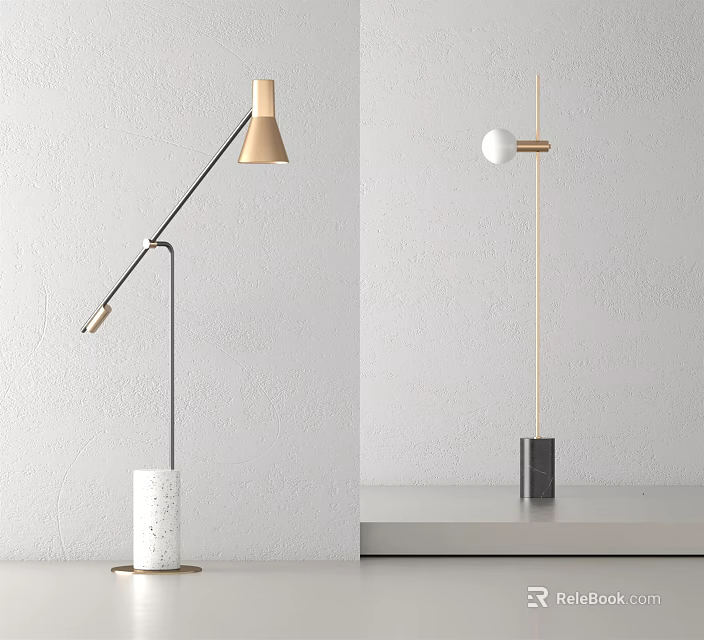 Modern Minimalist Floor Lamps With Curved Straight Poles Golden White Shades And Textured Bases 3d model 