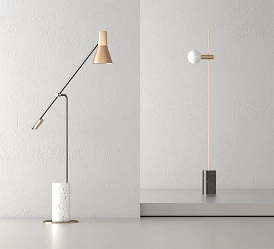 Modern Minimalist Floor Lamps With Curved Straight Poles Golden White Shades And Textured Bases 3d model