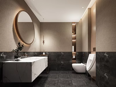 Elegant Hotel Bathroom Interior With Round Mirror Marble Sink Countertop Toilet Urinal And Dark Walls 3d model
