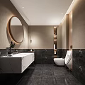 Elegant Hotel Bathroom Interior With Round Mirror Marble Sink Countertop Toilet Urinal And Dark Walls