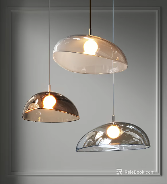 Stylish Hemispherical Glass Pendant Lights with Different Tints Illuminated in Modern Space 3d model 