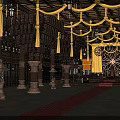 Ancient Architecture Interior With Wooden Beams Stone Columns Traditional Lanterns And Red Carpet