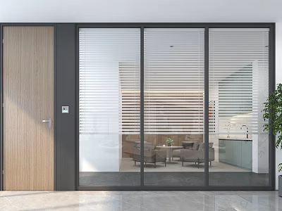 Modern Glass Partition With Blinds And Wooden Door In Interior Lounge Space 3d model
