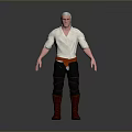 Man with White Hair Wearing White Shirt Brown Belt Black Pants and Red Boots