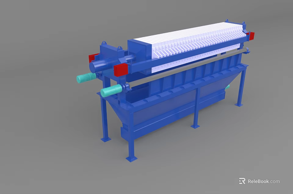 Blue Industrial Filter Press Equipment with Frame and White Filter Plates 3d model 