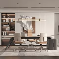 Modern Open Office Interior Design With Desk Chairs Bookshelf Pendant Light Sculpture And Carpet