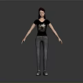 Woman Wearing Black T-shirt With Graphic Design Gray Jeans And Cap Standing On Gray Background