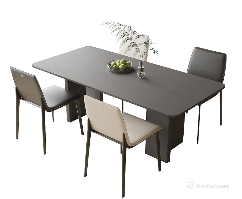 Modern Dining Table and Chairs Set with Fruit Bowl and Decorative Plant 3d model 