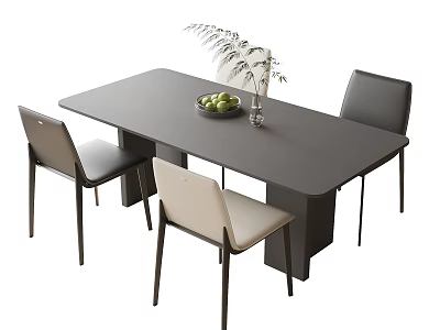 Modern Dining Table and Chairs Set with Fruit Bowl and Decorative Plant 3d model
