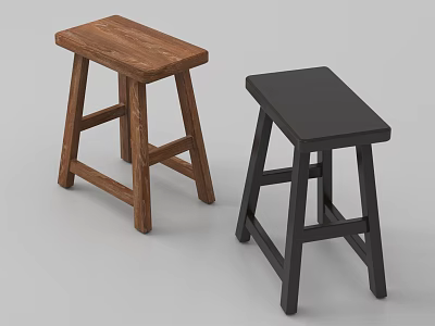 Two Wooden and Black Stools with Simple Square Seat and Cross Leg Design 3d model