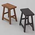 Two Wooden and Black Stools with Simple Square Seat and Cross Leg Design
