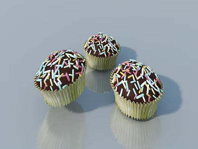 Three Delicious Chocolate Cupcakes Topped With Colorful Sprinkles On Shiny Surface 3d model
