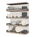 Modern Dinnerware Set With Plates Bowls Cups And Glassware On Wooden Storage Shelf