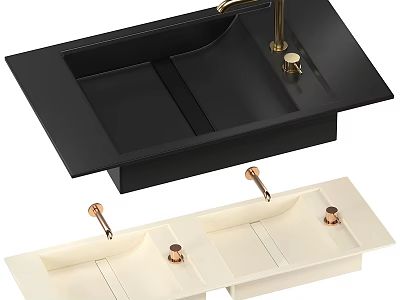 Garden Decorative Sink With Black And Cream Double Basins And Gold Faucets 3d model