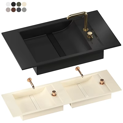 Garden Decorative Sink With Black And Cream Double Basins And Gold Faucets 3d model