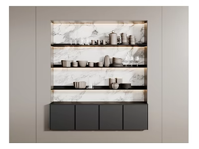 Modern Sideboard with Marble Backsplash Shelves and Black Cabinets for Tableware 3d model