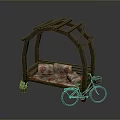 Wooden Arch Bench Structure With Floral Cushions Bicycle And Potted Plants