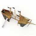 Wooden Building Blocks Pirate Ship With Slide Rope Net Masts And Flags