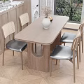 Wooden Dining Table Set With Woven Back Leather Seat Chairs And Natural Light