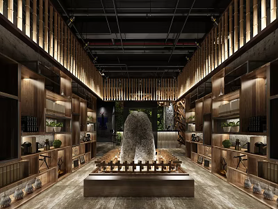 Traditional Wooden Interior Space With Central Stone Water Feature Display Shelves And Green Plants 3d model