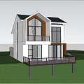 Modern Single Family House with White Exterior Large Windows Balcony and Lush Lawn