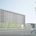Modern Office Building Exterior With Glass Windows Lush Trees Front Road And Parked Cars