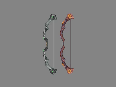 Two Different Bows With Detailed Decorative Elements And Colored Accents As Weapons 3d model