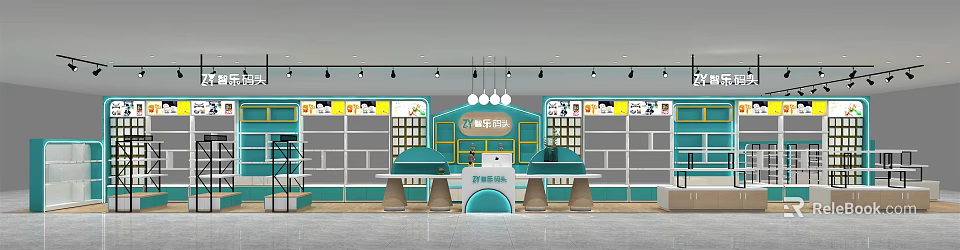 Bright Dessert Shop in Mall with Blue Counter Display Shelves Pendant Lights and Cartoon Decorations 3d model 
