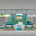 Bright Dessert Shop in Mall with Blue Counter Display Shelves Pendant Lights and Cartoon Decorations