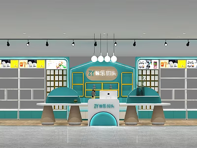 Bright Dessert Shop in Mall with Blue Counter Display Shelves Pendant Lights and Cartoon Decorations 3d model
