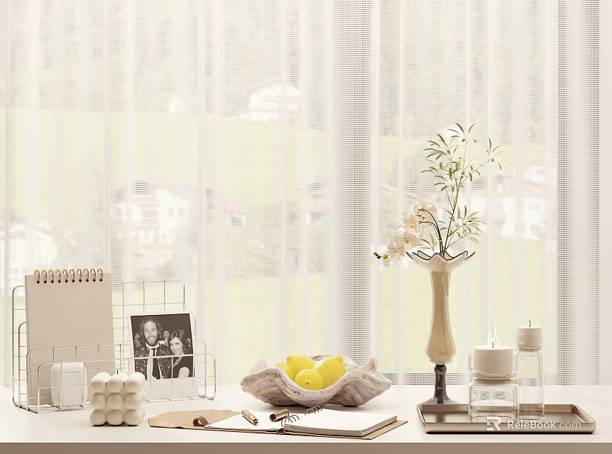 Windowsill Tabletop Decorative Ornament Set With Notebook Holder Photo Frame Lemon Basket Vase And Candles 3d model 