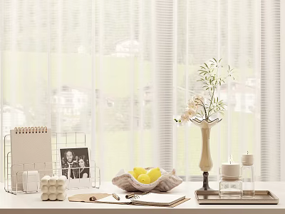 Windowsill Tabletop Decorative Ornament Set With Notebook Holder Photo Frame Lemon Basket Vase And Candles 3d model