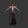 Fantasy Style Character With Red Horns Flowing Decorative Robe And Red Sword 3d model