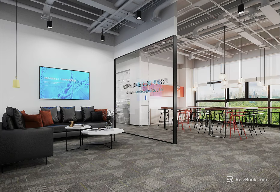 Modern Office Lounge Area With Cozy Sofa Coffee Table Wall Art And Lighting 3d model 