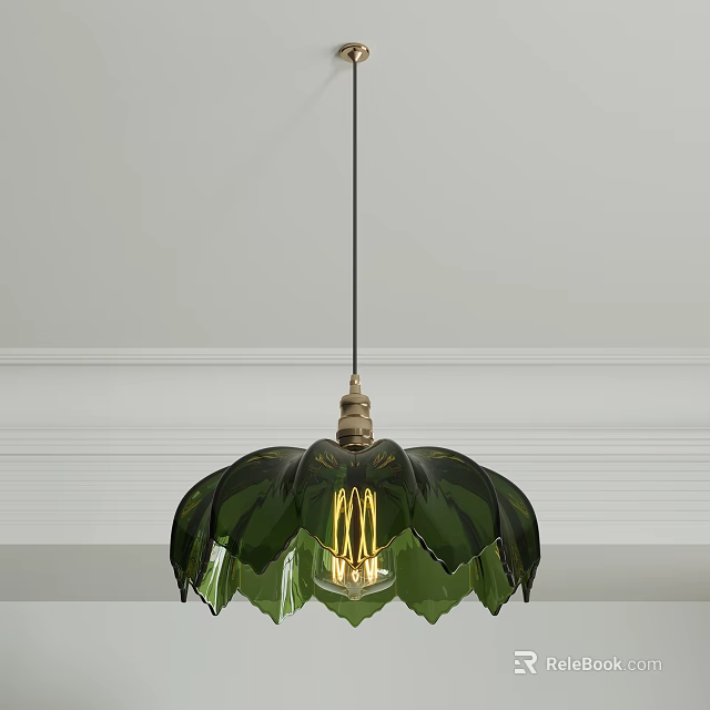 Green Petal Shaped Shade Chandelier With Brass Base Spiral Bulb And White Ceiling Background 3d model 