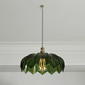 Green Petal Shaped Shade Chandelier With Brass Base Spiral Bulb And White Ceiling Background