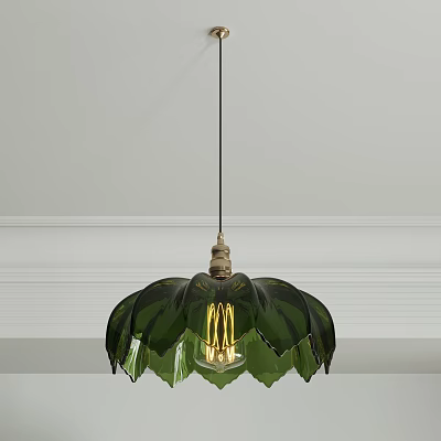 Green Petal Shaped Shade Chandelier With Brass Base Spiral Bulb And White Ceiling Background 3d model