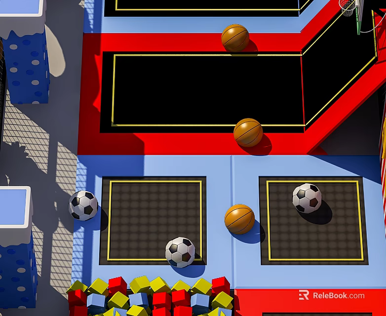 Commercial Ball Game Equipment With Colorful Frame Basketball Soccer Balls And Grid Areas 3d model 