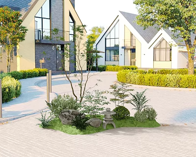 Flower Plants And Green Shrubs In Residential Courtyard With Stone Ornaments And Trees 3d model