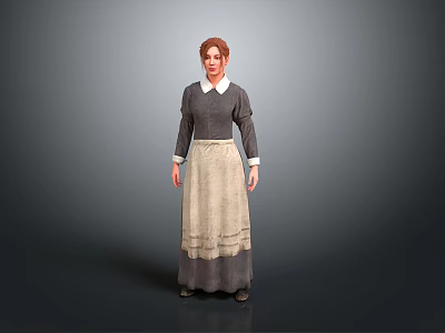 Woman in Traditional Dark Dress With White Collar and Beige Apron 3d model
