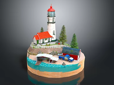 Cartoon Scene With Lighthouse Red Roof House Pine Trees Small Boat Blue Car And Water 3d model