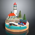 Cartoon Scene With Lighthouse Red Roof House Pine Trees Small Boat Blue Car And Water