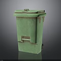 Green Metal Trash Bin With Lid Worn Surface And Rolling Wheels
