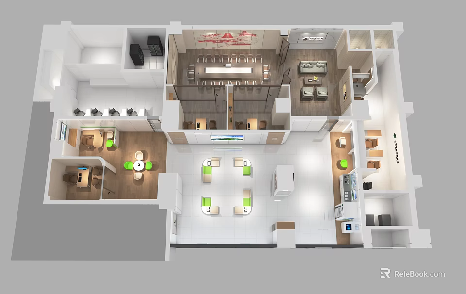 Modern Well Planned Bank Interior 3D Layout Design With Complete Business Service And Office Zones 3d model 