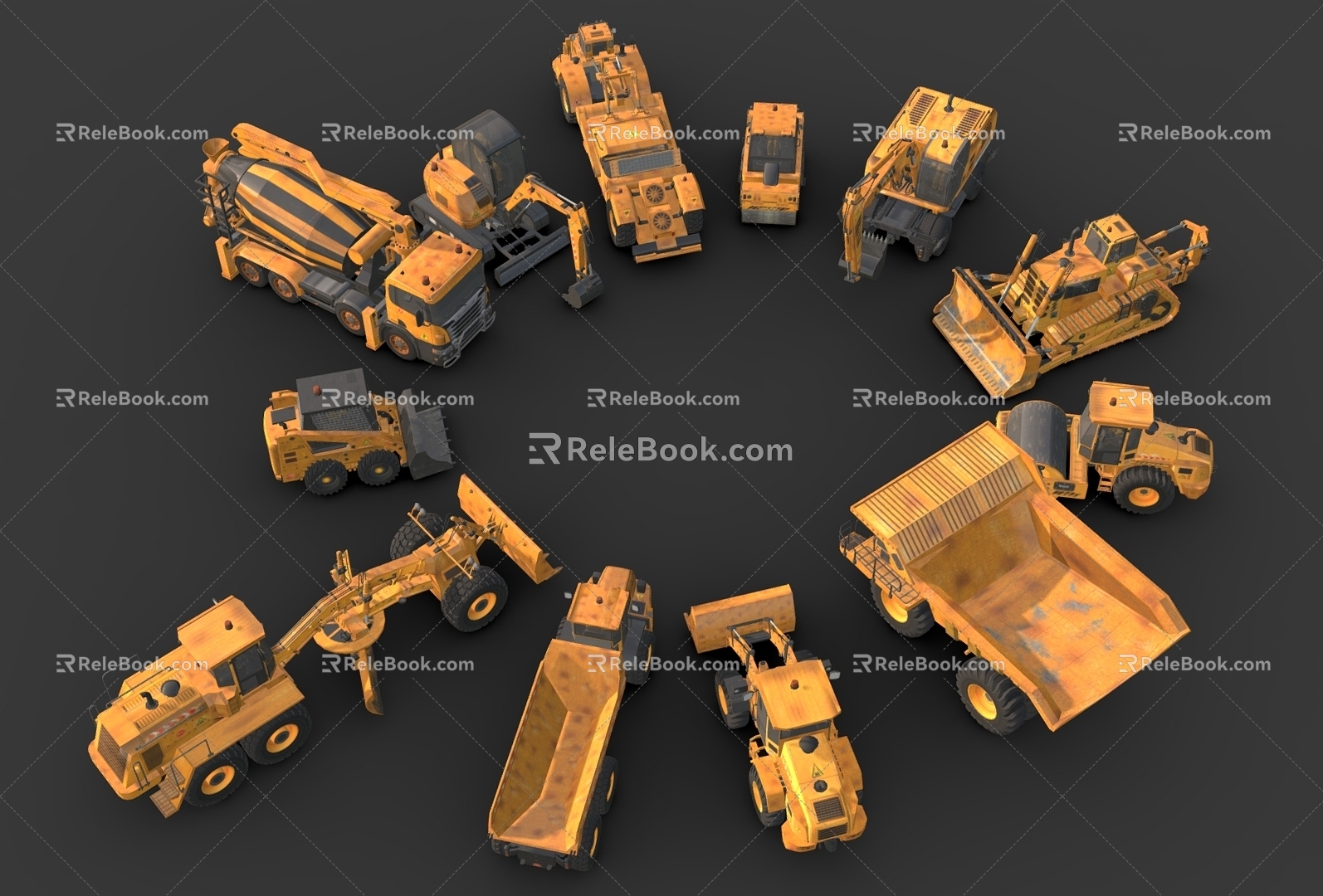 Construction truck combination construction heavy machinery truck excavator roller forklift crane 3d model