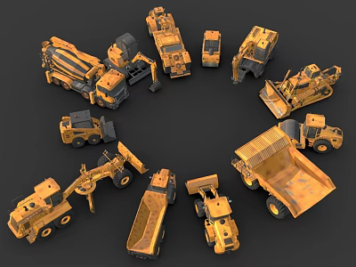 Functional Construction Vehicles Of Various Types Arranged 3d model
