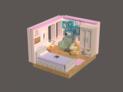 Cartoon Bedroom Scene With Bed Sofa Wardrobe Desk Clock And Decorative Rug 3d model