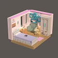 Cartoon Bedroom Scene With Bed Sofa Wardrobe Desk Clock And Decorative Rug